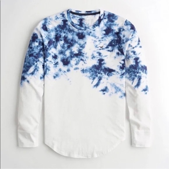 HOLLISTER Dark Blue/White Tie Dye Long Sleeve Curved Hem Tee 100% Cotton Size XS - Picture 1 of 12